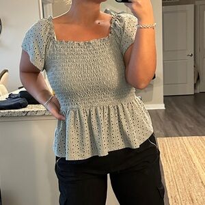 Gray Polka Dot Smocked Top